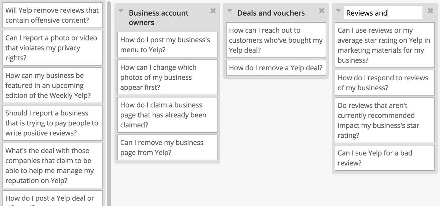 Example using an open card sort for organising help centre articles