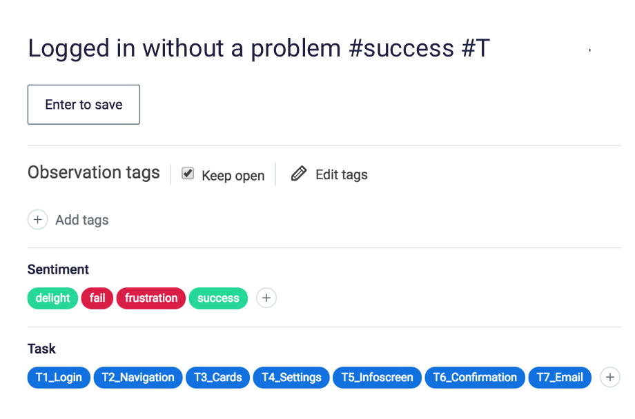 A screenshot showing success used as a tag in an observation