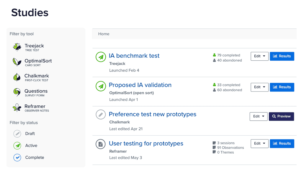 An in-app screenshot showing a list of current studies